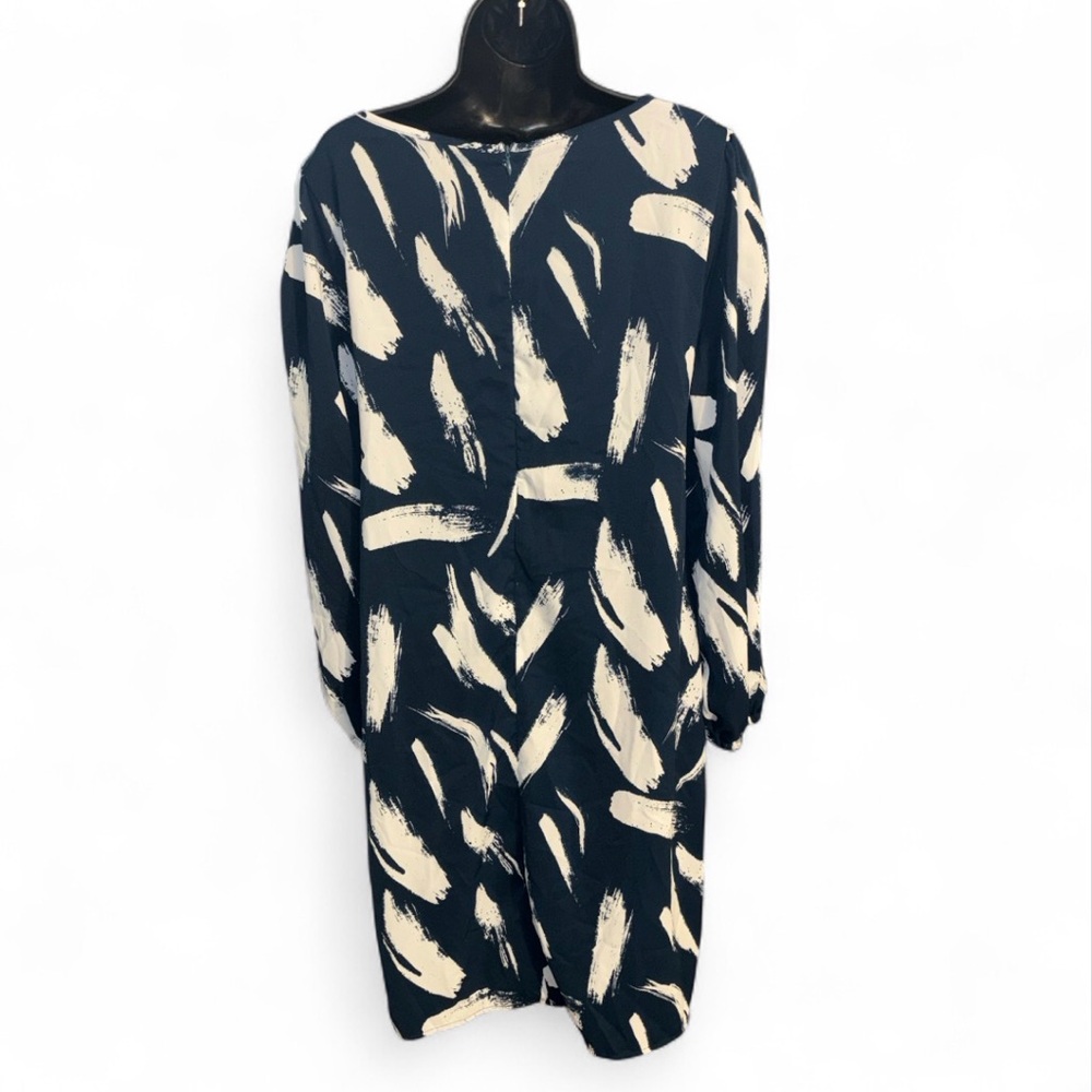 SHEIN LUNE Allover Print Navy & White Lantern Sleeve Belted Dress NWOT - Picture 4 of 6